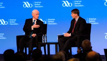 ABA’s President Frank Keating, l., discussed hot issues with CFPB Director Richard Cordray during a key session at the association’s Annual Convention. Cordray’s speech, coming first, explored mortgage regulation, regulatory burden, and financial literacy themes.