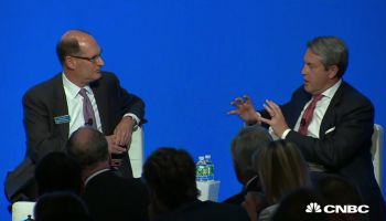 Randal Quarles of the Fed, right, interviewed by The Clearing House's Greg Baer, allows that "governance at the Fed is extremely obscure, even from the inside." (You can view CNBC's video of the entire interview on its Facebook page.)