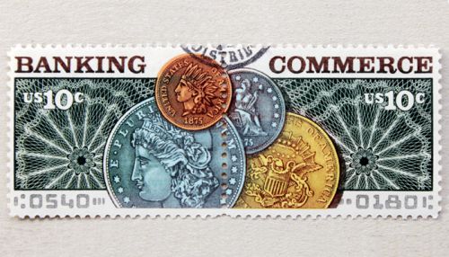 In 1975 the U.S. issued a dual stamp linked, but separated with a middle perforation, portraying banking and commerce. Unlike Acting Comptroller Noreika&rsquo;s speech renewing the banking/commerce debate, this was no policy statement. The stamps were issued to mark the 100th anniversary of the American Bankers Association.