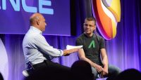 Max Levchin, r., co-founder of Affirm, tells moderator Salim Ismail that he wants “to build a bank from the ground up.”