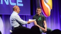 Max Levchin, r., co-founder of Affirm, tells moderator Salim Ismail that he wants &ldquo;to build a bank from the ground up.&rdquo;