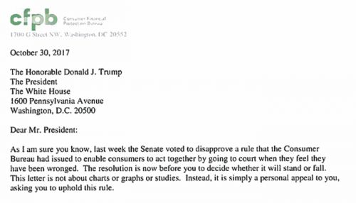 "No dice, Director." Rejecting this plea from CFPB, President Trump undid the bureau's arbitration rule.