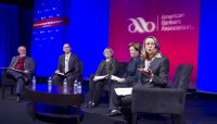 ABA&rsquo;s Wayne Abernathy, extreme left, moderated a regulator panel during the association&rsquo;s recent Government Relations Summit. From left to right, panelists included OCC&rsquo;s Darrin Benhart; FDIC&rsquo;s Doreen Eberley; the Federal Reserve&rsquo;s Maryann Hunter; and CFPB&rsquo;s Peggy Twohig, speaking.