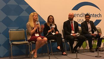 Speaking on the future of community banking at LendIt Fintech in San Francisco were, l. to r., Trish North, Numerated; Karolina Banna, Pivotus Ventures; and Scott Skorobohaty, Laurel Road.