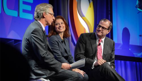 Are banks dinosaurs or have they been evolving? CNBC's Bob Pisani, left, probed this at Exponential Finance 2015 with RBC's Linda Mantia, c., and JPMorganChase's Gavin Michael, r.