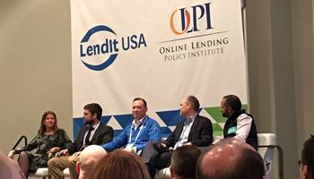 Debating pros and cons of fintech charters were, l. to r., consultant Jo Ann Barefoot; Matt Lambert of CSBS; Jeff Meiler of Marlette Funding; consultant David Cotney; and Zopa&#039;s Jaidev Janardana.