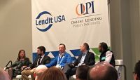 Debating pros and cons of fintech charters were, l. to r., consultant Jo Ann Barefoot; Matt Lambert of CSBS; Jeff Meiler of Marlette Funding; consultant David Cotney; and Zopa's Jaidev Janardana.